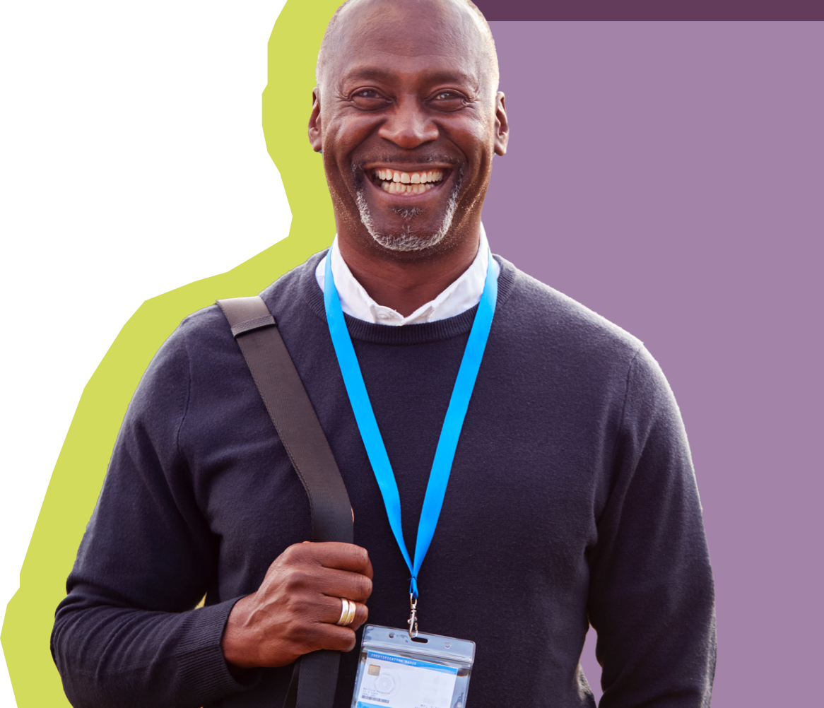 Photo of business professional with business badge.