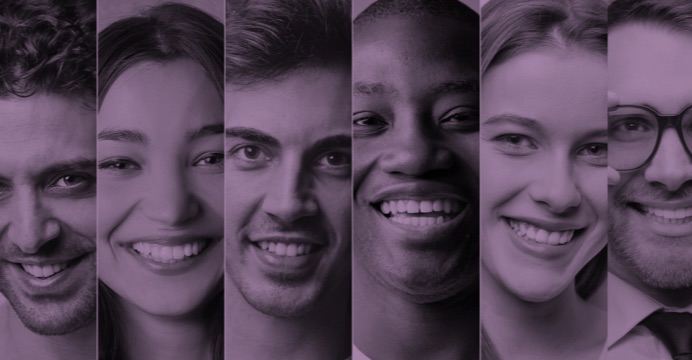 Purple toned tiled image of diverse smiling people.